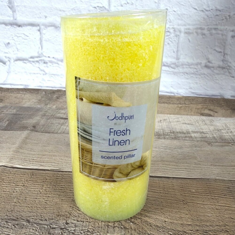 Jodhpur Fresh Linen Scented 6 In Pillar Candle Yellow Wax 55 Hour Burn Time NEW - Picture 9 of 9